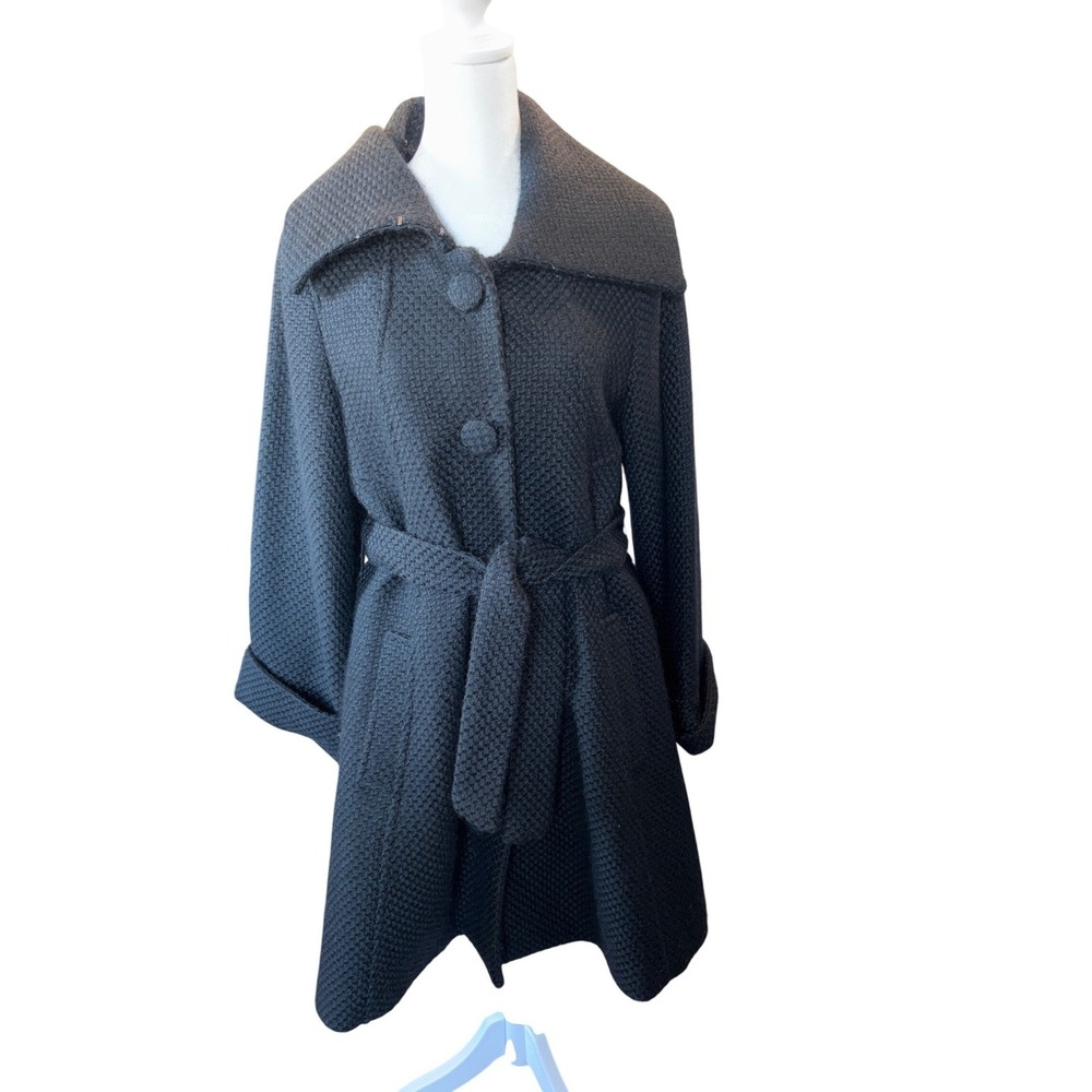 H&M Black Textured Wool Blend‎ Belted Funnel Neck Coat Womens Size 10 US
